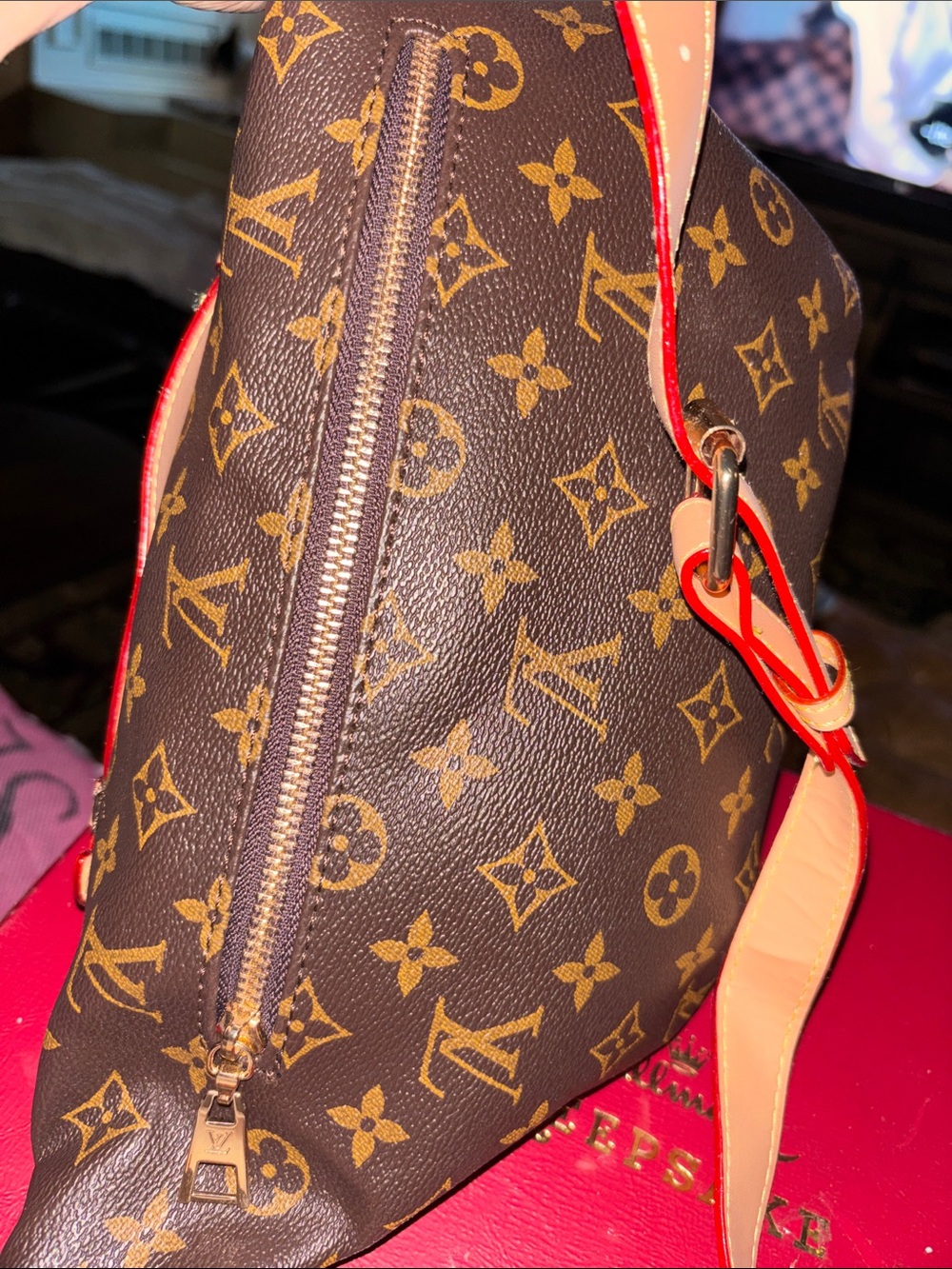 Designer-Inspired Brown Monogram Crossbody Bag with Tan Accents - Picture 3 of 6